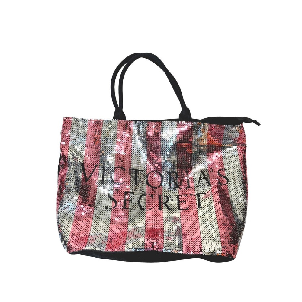 Victoria's Secret Large Sequin Tote Bag Pink Silver Black Zip Top VS Travel Bag